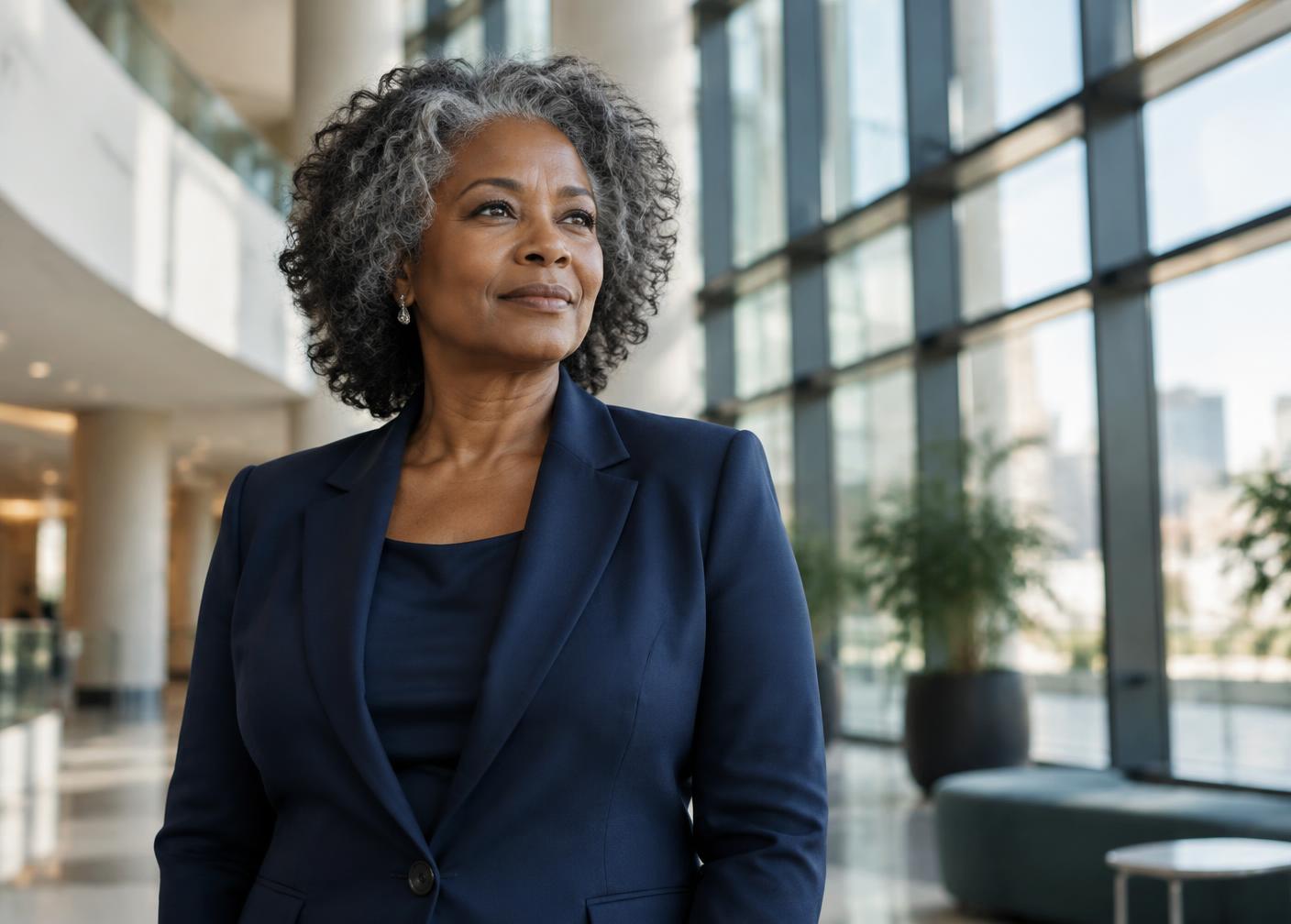 Experienced woman in a navy blazer standing in a modern architectural atrium