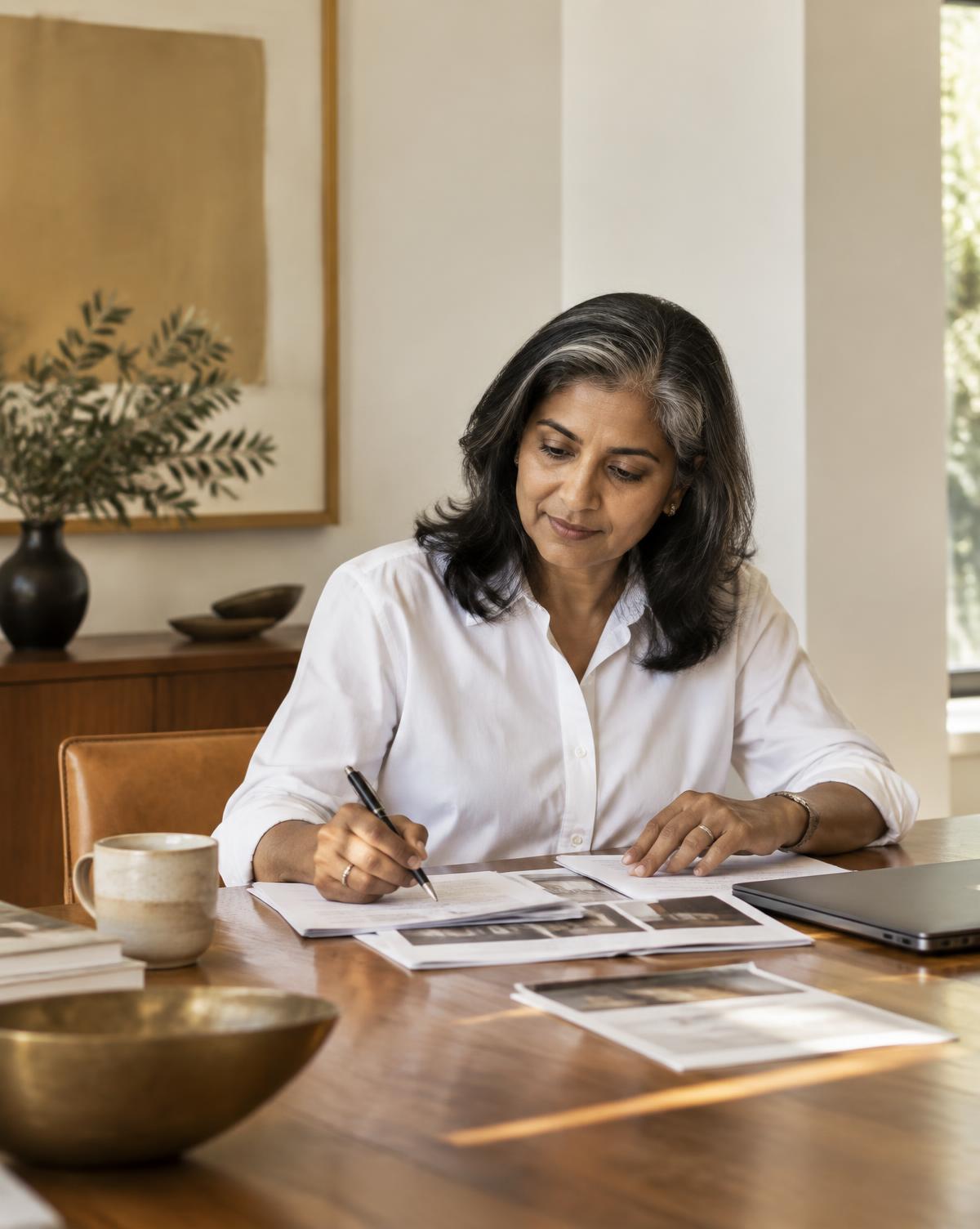 Woman around fifty-five reviewing printed pages at a wooden table
